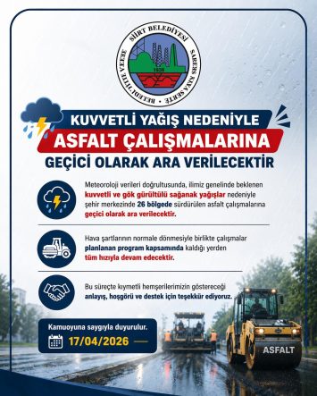 KUVVETLİ YAĞIŞ NEDENİYLE ASFALT ÇALIŞMALARINA GEÇCİ OLARAK ARA VERİLECEKTİR!